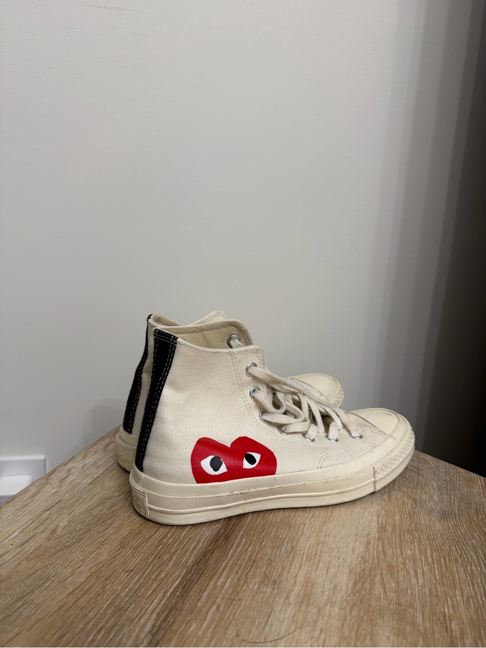 Comme des Garcons Cream High-Top Sneakers with Red Heart